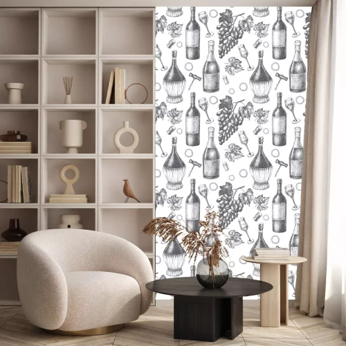 Behang Decoratief naadloos patroon met wijnflessen, wijnglazen, een tros druiven. Inkt hand getrokken vectorillustratie. Samenstelling van drankelementen voor menuontwerp.