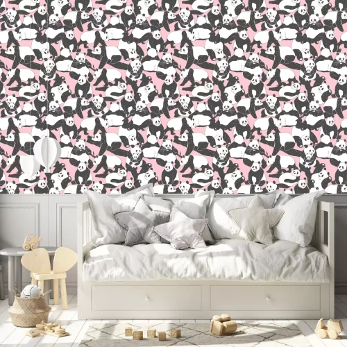 Behang Zwart-witte teddyberen op een roze achtergrond