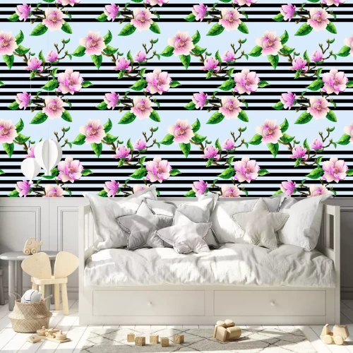 Behang Bloeiende magnolia en strepen