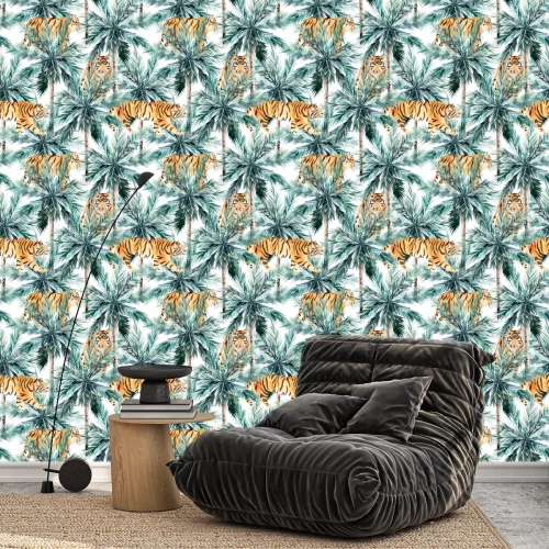 Behang Jungle naadloze patroon. Tropische palmen en tijger. Hand getekend aquarel illustratie