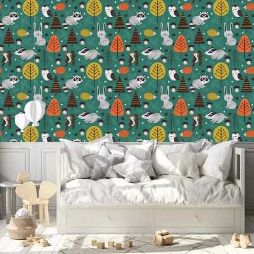 Behang naadloze patroon met dieren in het bos op groene achtergrond Scandinavische stijl - vectorillustratie, eps