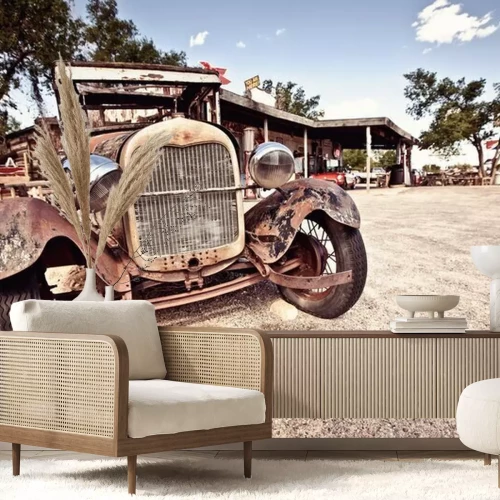 Fotobehang Retro auto op weg 66