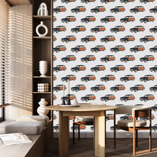 Behang Surf auto patroon. Surfen op naadloze achtergrond. De zomerachtergrond met oude die auto op witte achtergrond wordt geïsoleerd