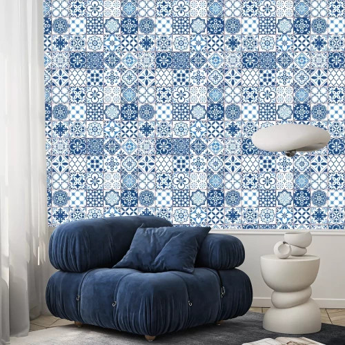 Behang Vector Azulejo-tegelpatroon, Portugees of Spaans retro oud tegelsmozaïek, Mediterraan naadloos marineblauw ontwerp