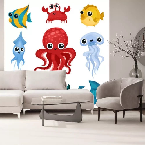 Sticker Platte vector set van verschillende oceaan dieren. Mariene wezens met glanzende ogen. Vis, octopus, zeeslak, kwallen, inktvis, krab