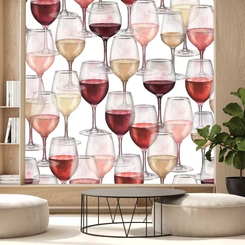 Sticker Waterverfpatroon van rode, roze en witte wijnglazen