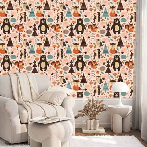 Behang naadloze patroon met bos dieren op roze achtergrond Scandinavische stijl - vectorillustratie, eps