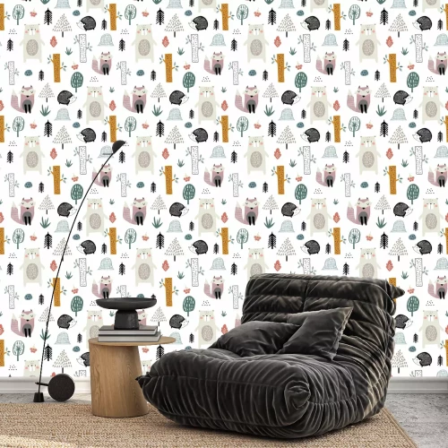 Behang Teddy vossen en egels tussen bosgroen