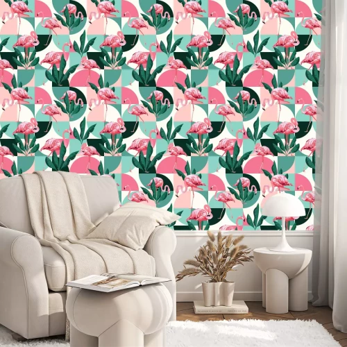 Behang Flamingo's en bladeren op een achtergrond met geometrische vormen