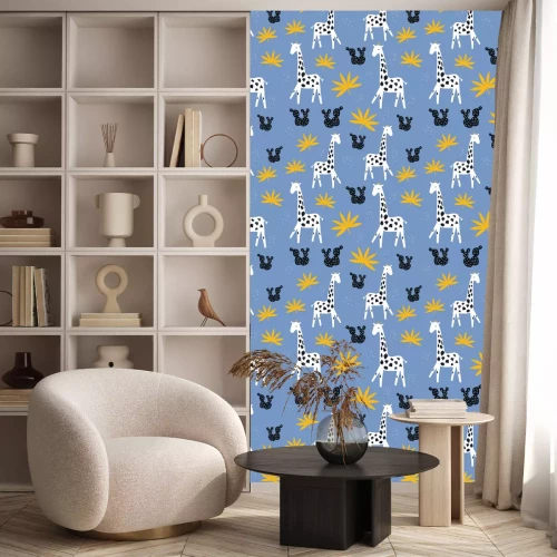 Behang Giraffen en tropische bladeren op een blauwe achtergrond