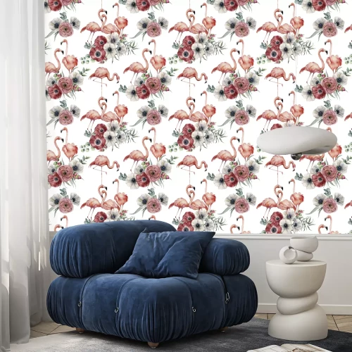 Behang Flamingo's en bloemen op een witte achtergrond