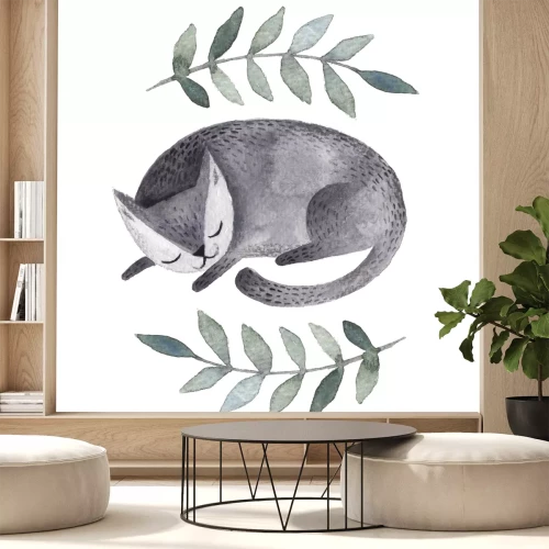 Fotobehang Slapende kat en groene bladeren