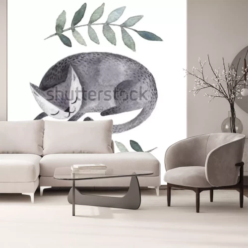 Fotobehang Slapende kat en groene bladeren