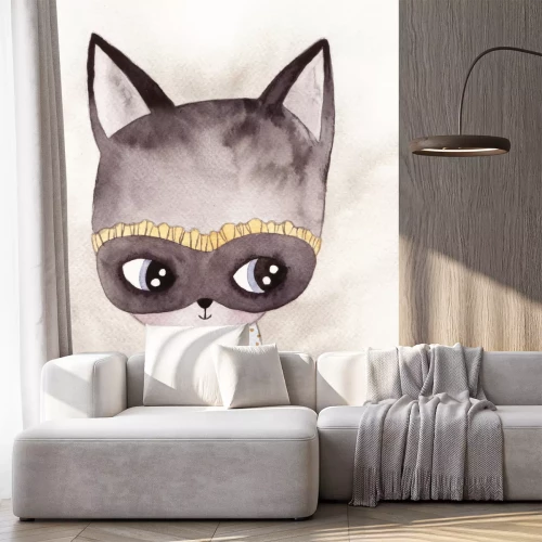 Sticker Babykat met een vlieg in aquarelstippen