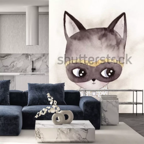 Sticker Babykat met een vlieg in aquarelstippen