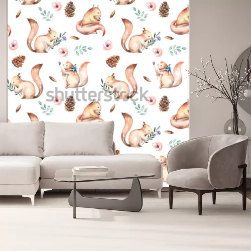 Sticker Naadloos patroon met waterverfeekhoorns, sparappel en eiken eikels, getrokken die op een witte achtergrond wordt geïsoleerd