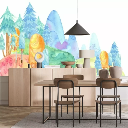 Sticker Cartoon aquarel illustratie. Leuke sprookjesachtige aard. Bos met kleurrijke sparren, bomen, bergen. kaartsjabloon