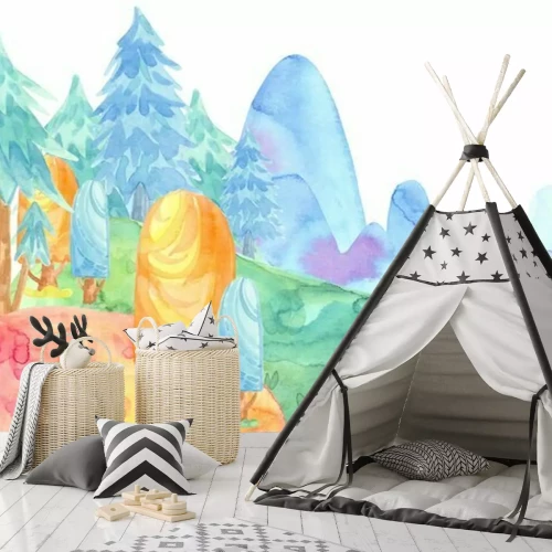 Sticker Cartoon aquarel illustratie. Leuke sprookjesachtige aard. Bos met kleurrijke sparren, bomen, bergen. kaartsjabloon