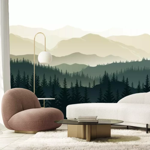 Sticker Vector mooi ochtendlandschap met nevelige groene bossen en bergen