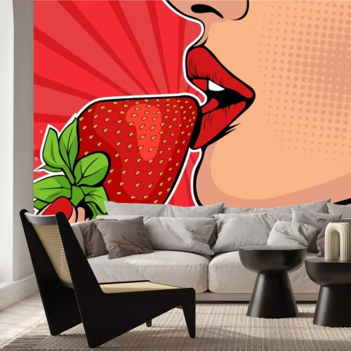 Sticker Meisjeslippen met aardbei. Vrouw die gezond voedsel eet. Erotische fantasie. Vectorillustratie in pop-art retro komische stijl.