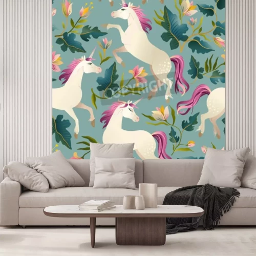 Sticker Eenhoorns tussen bloemen en bladeren