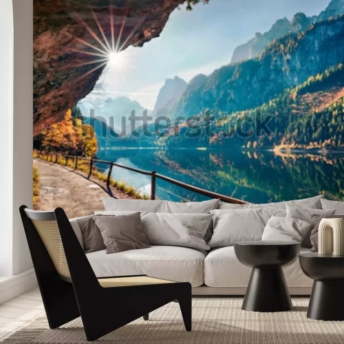 Fotobehang Zonnige de herfstscène van meer Vorderer (Gosausee). Kleurrijke ochtendmening van Oostenrijkse Alpen, Boven-Oostenrijk, Europa. Schoonheid van de natuur concept achtergrond.