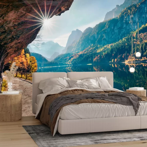 Fotobehang Zonnige de herfstscène van meer Vorderer (Gosausee). Kleurrijke ochtendmening van Oostenrijkse Alpen, Boven-Oostenrijk, Europa. Schoonheid van de natuur concept achtergrond.