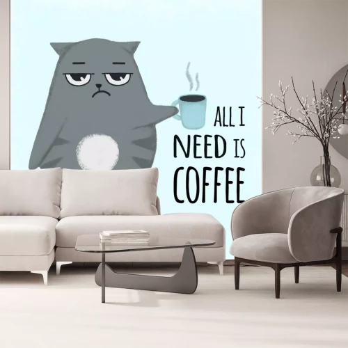 Sticker Kat met een kopje koffie en een inscriptie