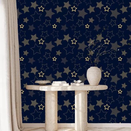 Behang Gouden eenvoudige gestreepte en doted sterren op blauw geometrisch naadloos patroon, vector