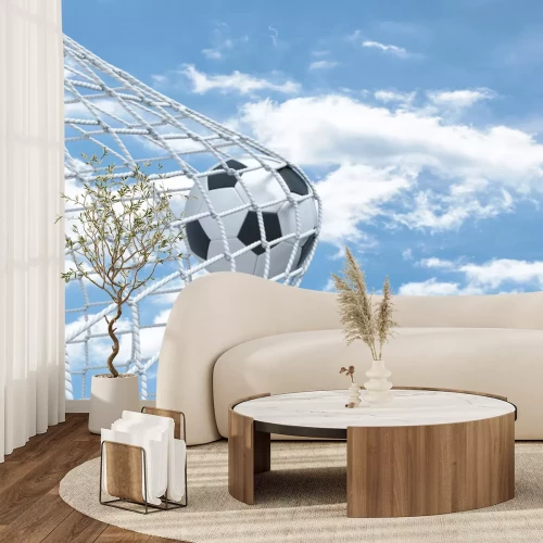 Fotobehang Het 3d teruggeven van een voetbalbal die in een witte netto van de poorten op een hemelachtergrond wordt gevangen.