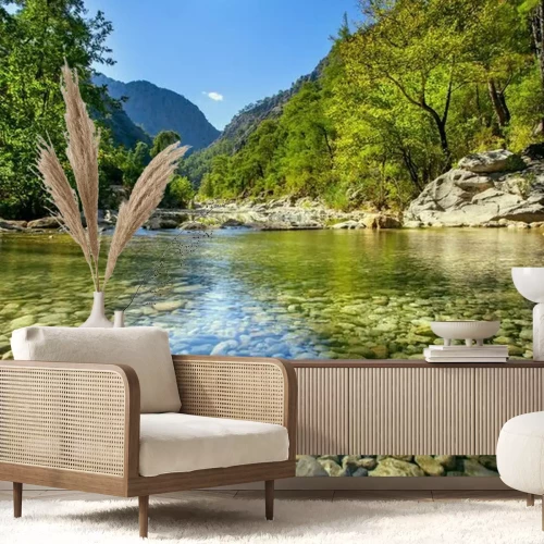 Fotobehang Bergstroom en groen