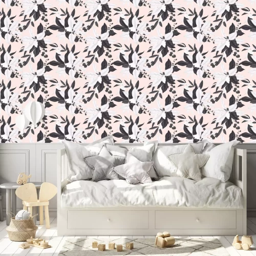 Behang Bloemen naadloos patroon, zwart-witte magnoliabladeren, eucalyptusbladeren op lichtoranje achtergrond