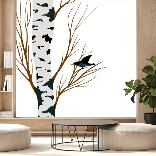 Sticker Illustratie met een spreeuw op een berkentak