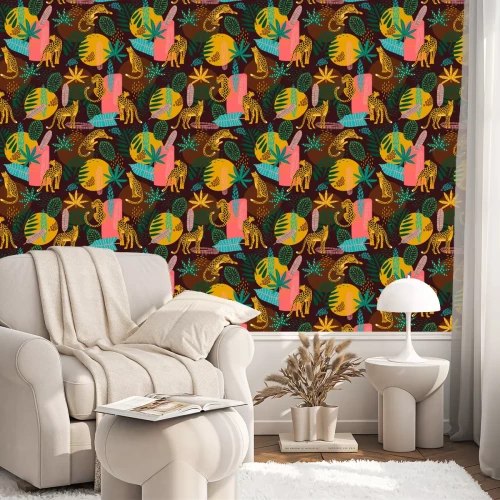 Behang Vestor naadloos patroon met luipaarden en abstracte tropische bladeren.