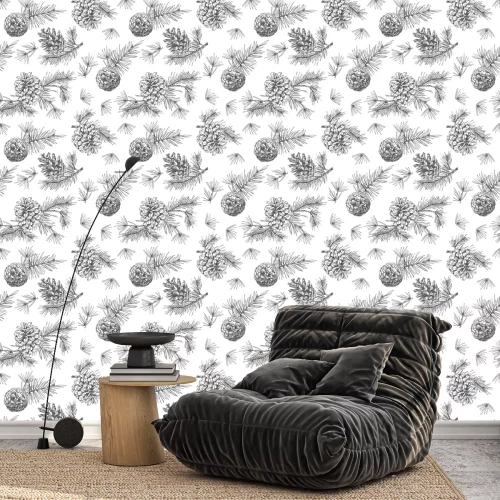 Behang Realistische botanische inktschets van sparrentakken met denneappel op witte achtergrond. Vector illustraties