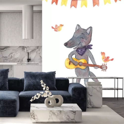 Sticker Waterverfillustratie van wolf met gitaar.