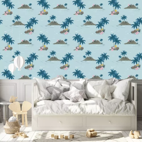 Behang Landschap met palmbomen, strand en oceaan vector hand getrokken stijl.