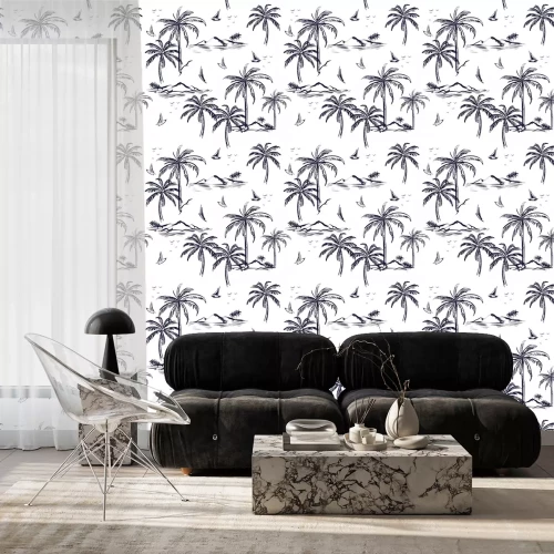 Behang Mooi naadloos eilandpatroon op witte achtergrond. Landschap met palmbomen, strand en oceaan vector hand getrokken stijl.