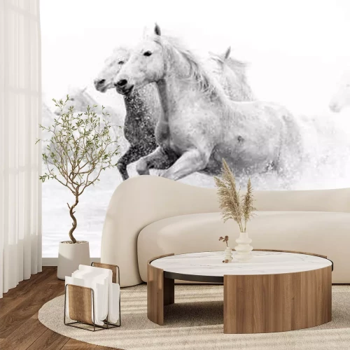 Fotobehang Camargue Paarden die door water rennen