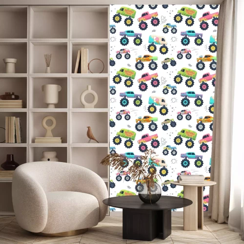 Behang Monster auto's naadloze patroon. Kid-vrachtwagens met een groot wiel. Vector eindeloze achtergrond. Naadloze patroon en achtergrond, monsterauto met grote wielillustratie