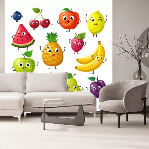 Sticker Cartoon grappige vruchten. Gelukkige de frambozen oranje kers van de kiwibanaan met gezicht. Zomer fruit en bessen vector tekens geïsoleerd op wit. Fruitkiwi en banaan, sinaasappel en aardbeiillustrat