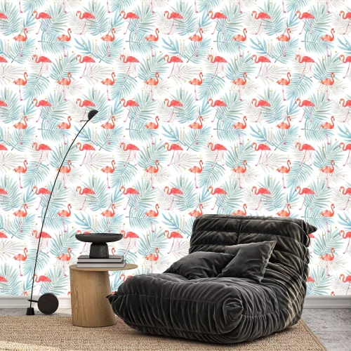 Behang Dessin in staande flamingo en palmbladeren