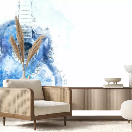Fotobehang Blauwe aquarelgitaar op witte achtergrond