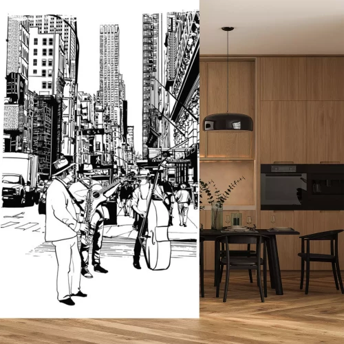 Sticker Straatartiesten die muziek spelen bij 5th Avenue in New York City