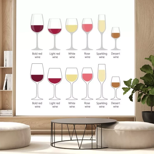 Sticker Soorten wijnglazen ingesteld. Kleurrijke volle wijnglazen voor lichtrode, gewaagde rode, witte, mousserende wijn op witte achtergrond.