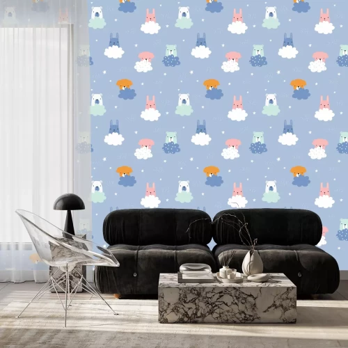 Behang Kinderachtig naadloos patroon met schattige dieren en wolken. Vector hand getrokken illustratie.