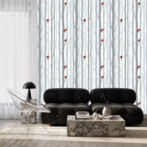 Behang Rode vogels die op berkenbomen zitten