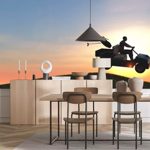 Sticker Golfspeler met golfkar die een sprong 3d illustratie geeft