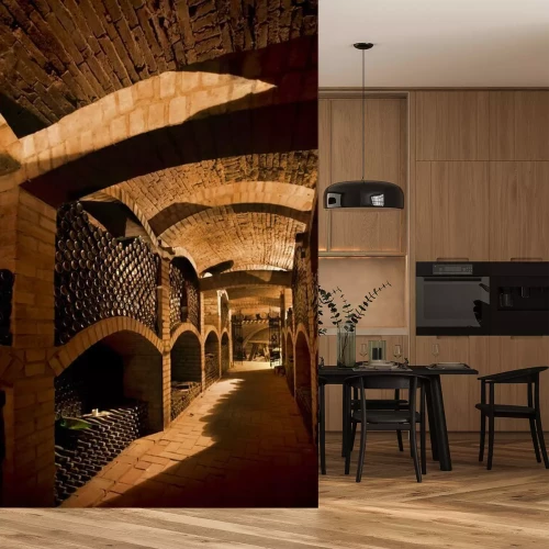 Fotobehang Wijnflessen in een oude kelder