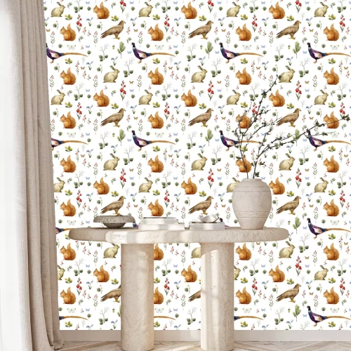 Behang Waterverf bos dierlijk patroon